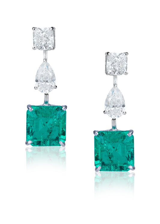 Princess Cut Emerald and Diamond Drop Earrings