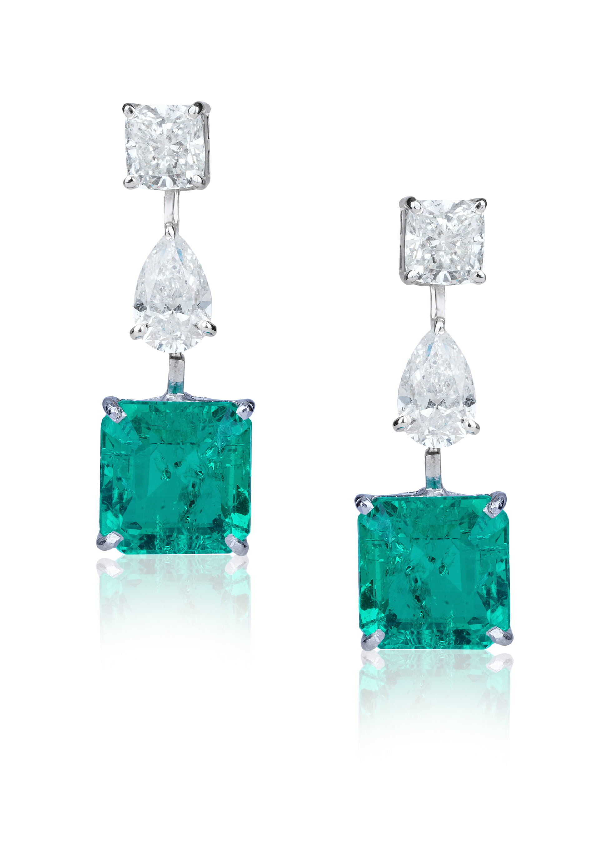 Princess Cut Emerald and Diamond Drop Earrings - Main Image